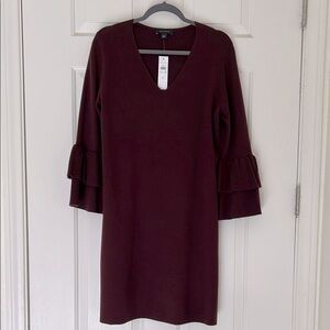NWT Ann Taylor Burgundy Sweater Dress with Ruffle Bell Sleeves.